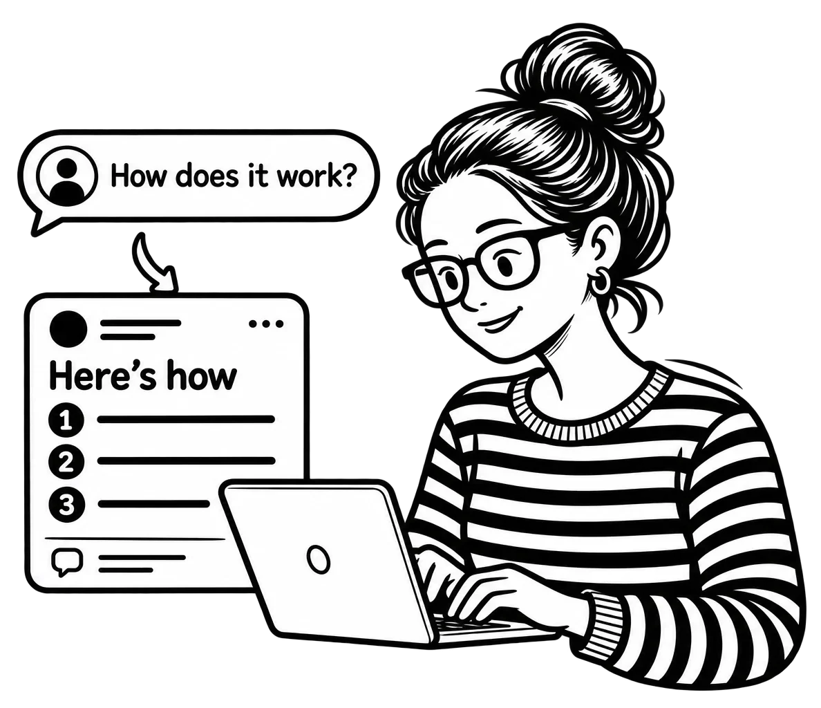 Patricia typing on a laptop beside a customer question transformed into a three-step social media post.