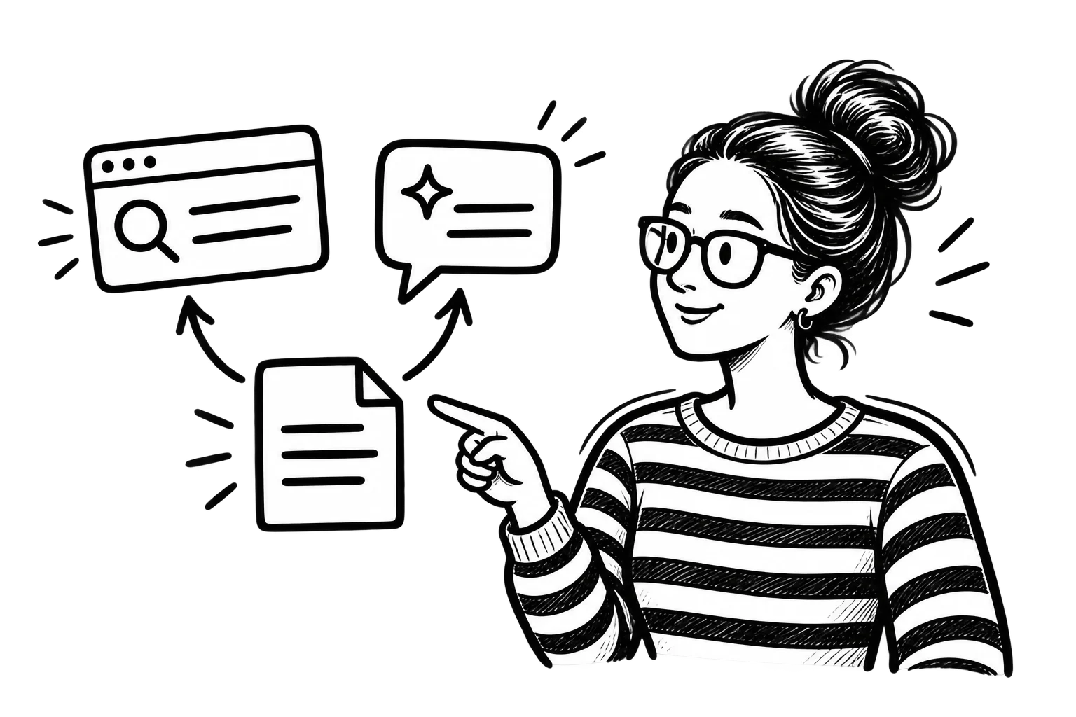 Black-and-white illustration of Patricia pointing to content connected to traditional search results and an AI-generated answer.