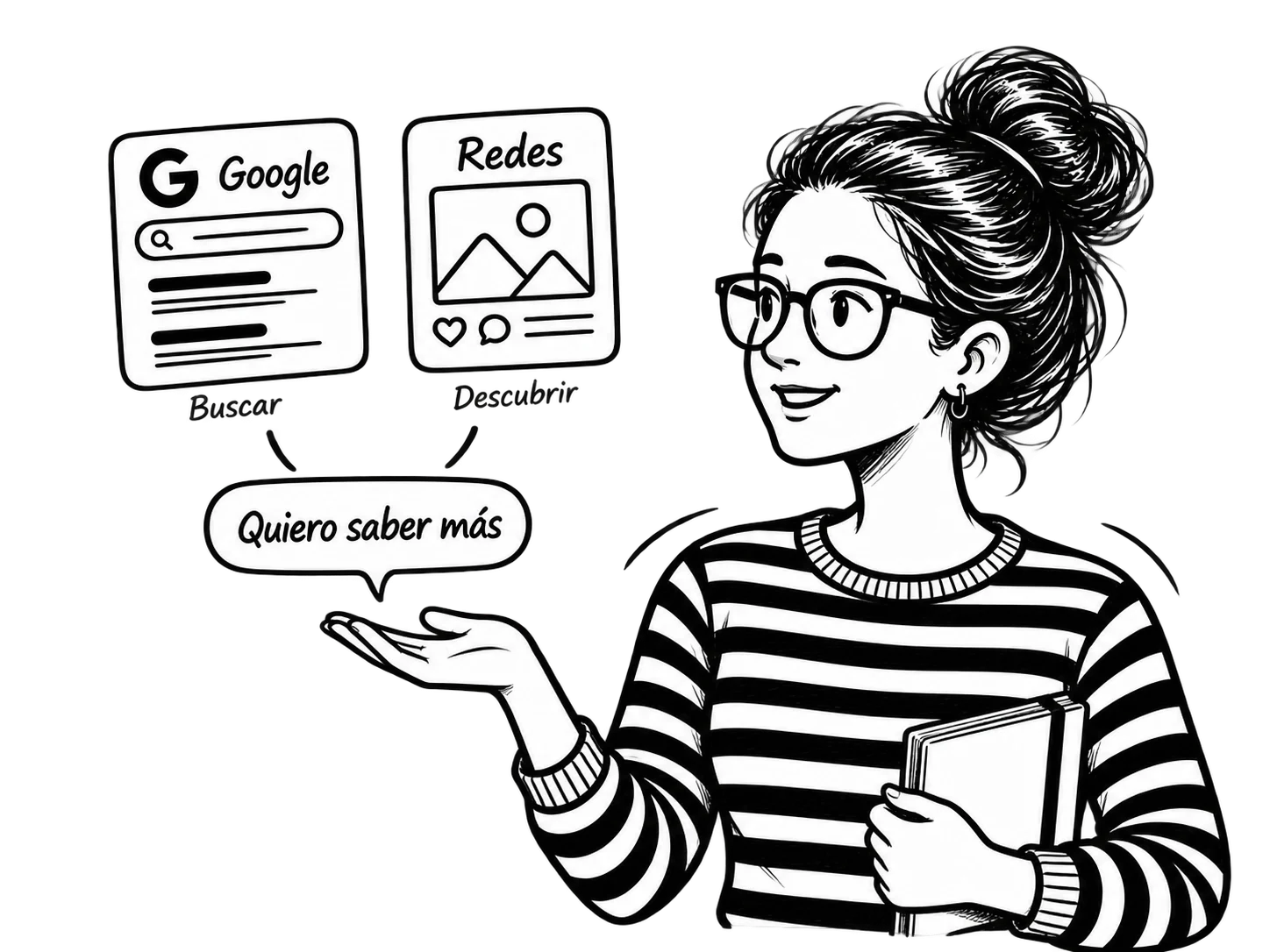Patricia comparando una búsqueda en Google y una publicación en redes sociales, ambas conectadas al mensaje «Quiero saber más».