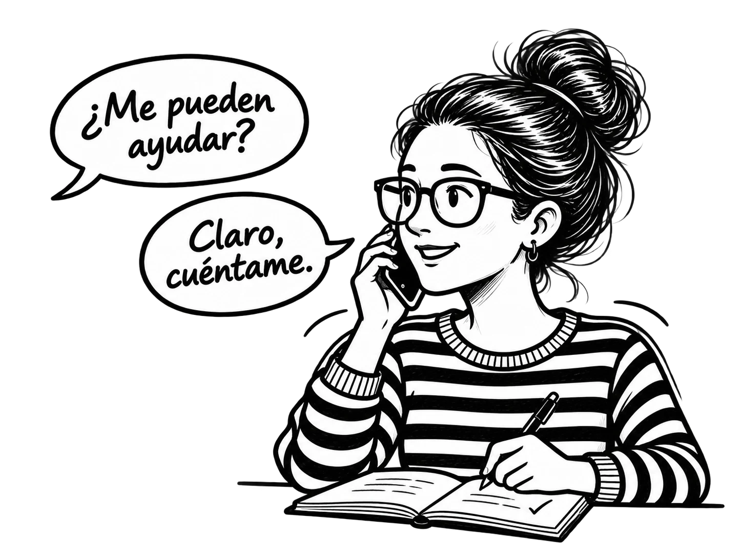 Patricia tomando notas durante una conversación telefónica, con globos de diálogo en español que muestran a un cliente pidiendo ayuda y la respuesta de Patricia.