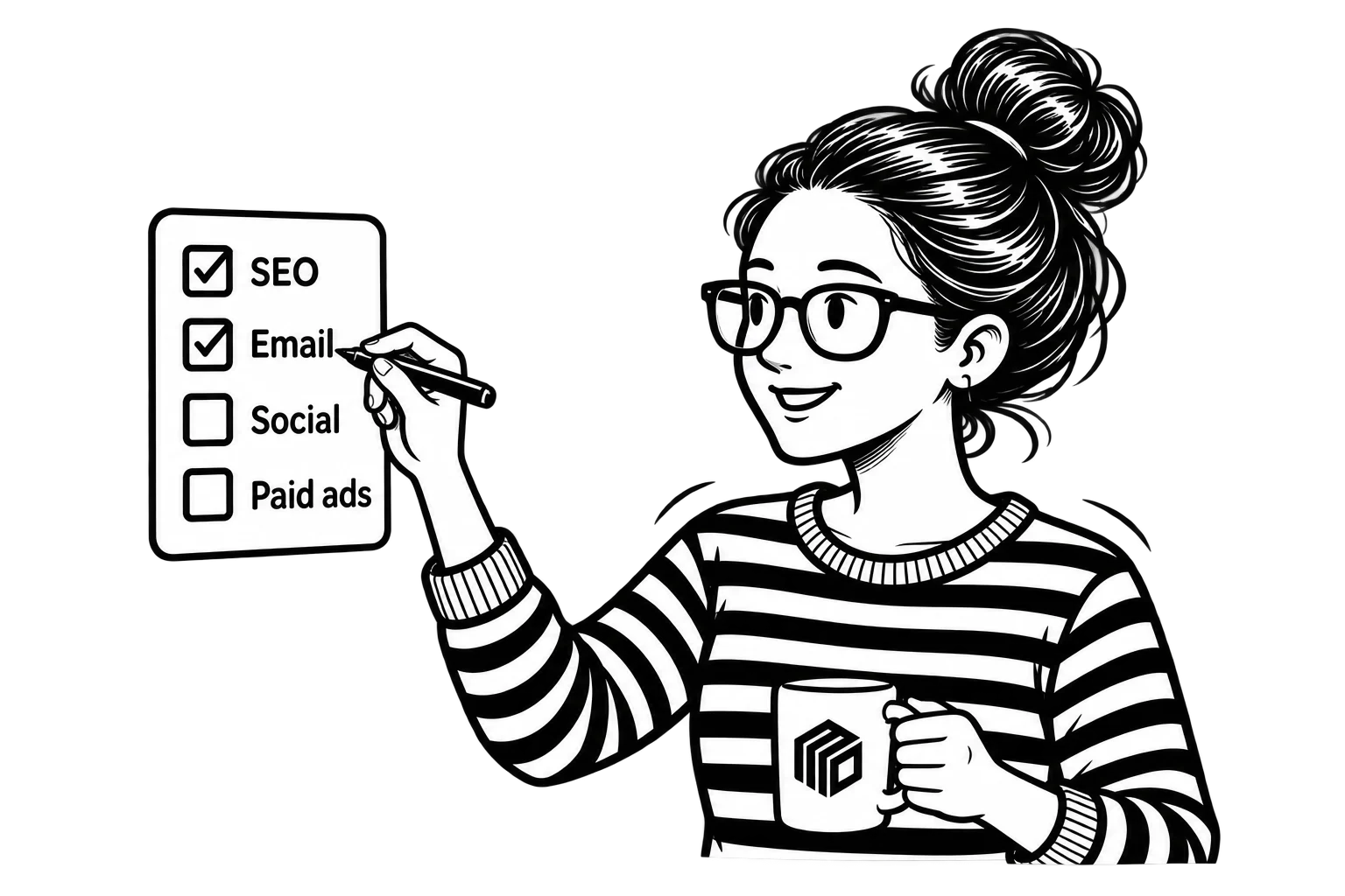 Patricia reviewing a marketing checklist with SEO and email selected, while holding a MoDuet coffee mug.