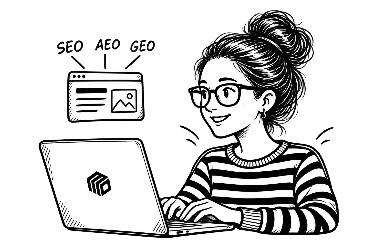 Patricia using a MoDuet laptop with SEO, AEO, and GEO labels connected to a single webpage.