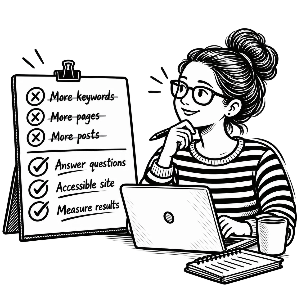 Black-and-white illustration of Patricia reviewing an SEO checklist beside her laptop, focusing on answering questions, accessibility, and measuring results instead of publishing more keywords, pages, or posts.