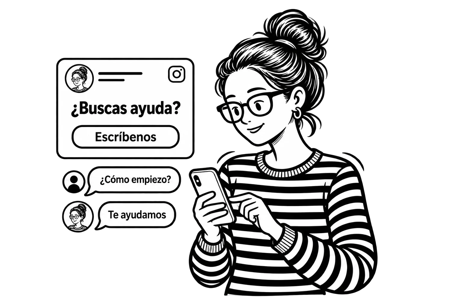 Patricia using a smartphone beside a Spanish social media post and a customer conversation about getting started.