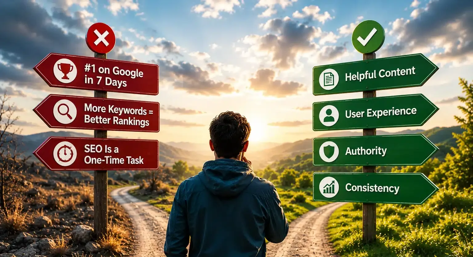 seo-myths-vs-reality_moduet Person standing at a crossroads between common SEO myths and proven SEO strategies, with signs highlighting misconceptions on one side and best practices on the other.