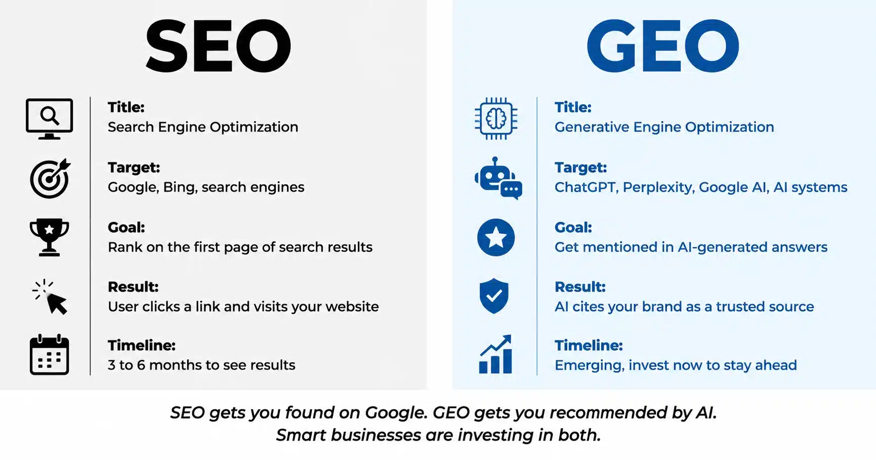 seo-vs-geo-comparison Infographic comparing SEO and GEO: SEO targets search engines like Google while GEO targets AI systems like ChatGPT and Perplexity