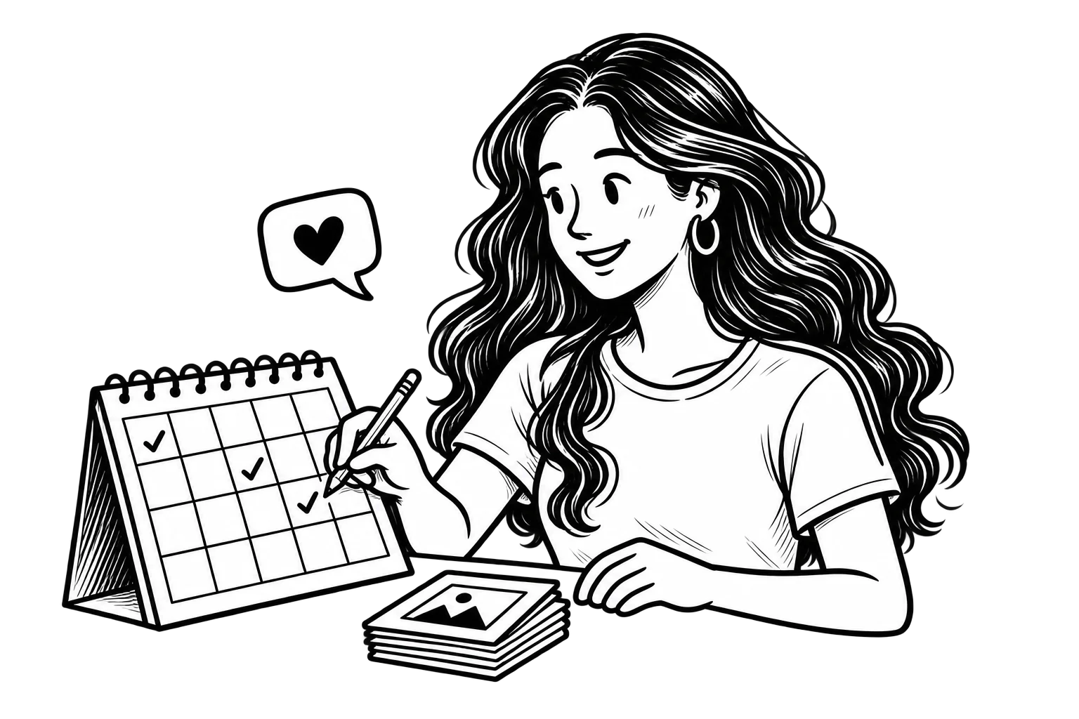 Victoria planning spaced social media posts on a calendar beside prepared content cards and a conversation bubble.