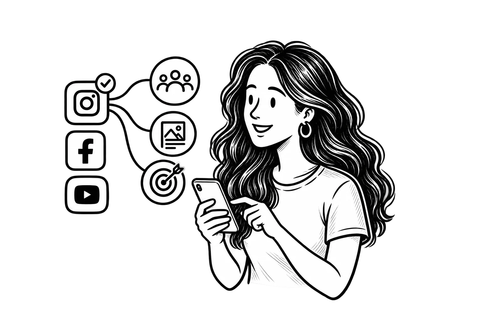 Victoria using a smartphone beside social platform icons, with Instagram connected to audience, content, and business goal symbols.