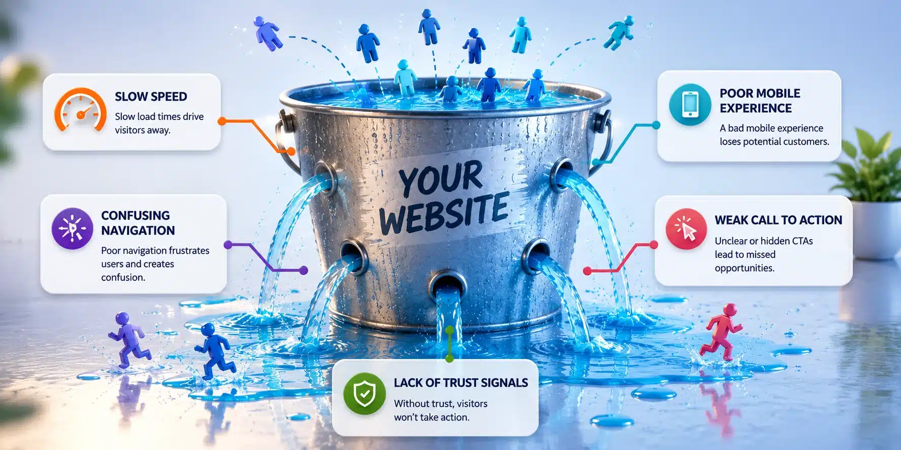why-your-website-is-losing-visitors_moduet Illustration of a website losing visitors through common issues such as slow page speed, poor mobile experience, confusing navigation, weak calls to action, and lack of trust signals.