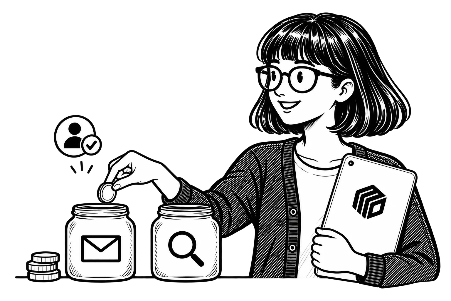 Zoe placing a coin into an email marketing budget jar beside a search marketing jar and a customer checkmark icon.