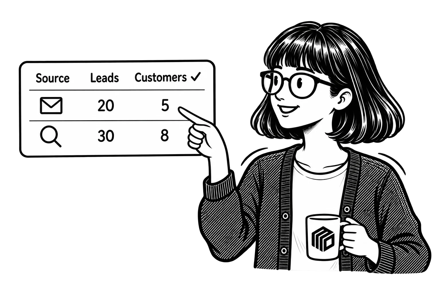 Zoe holding a coffee mug and pointing to a report comparing leads and customers from email and search.