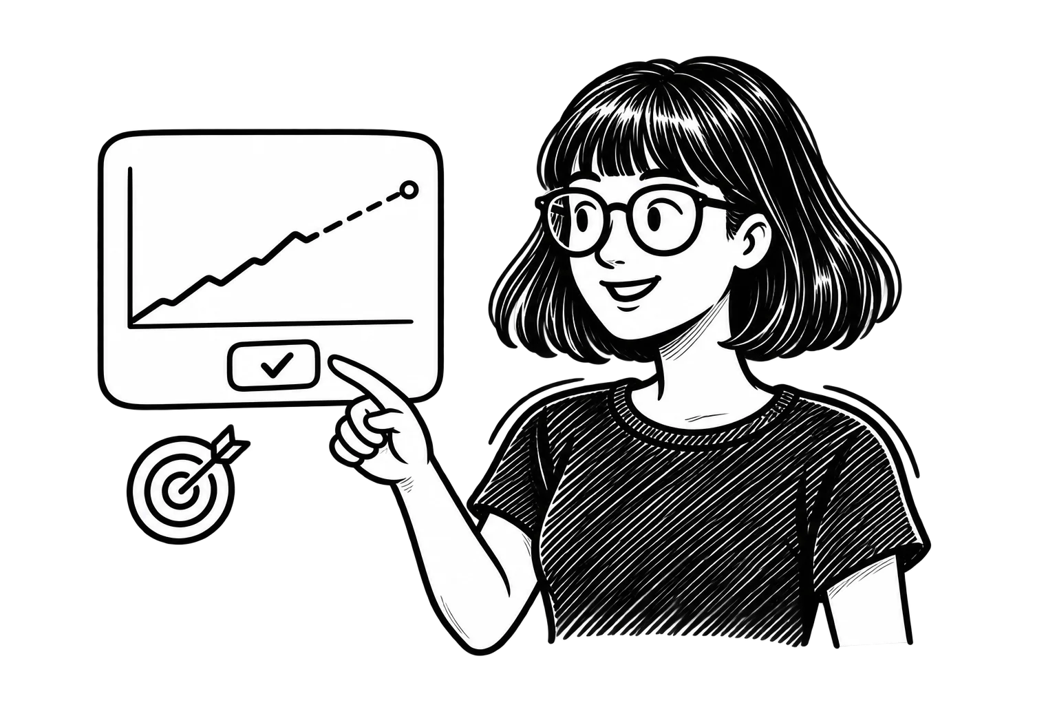 Black-and-white illustration of Zoe pointing to an action button beneath a chart with a dotted forecast line, beside a target icon.