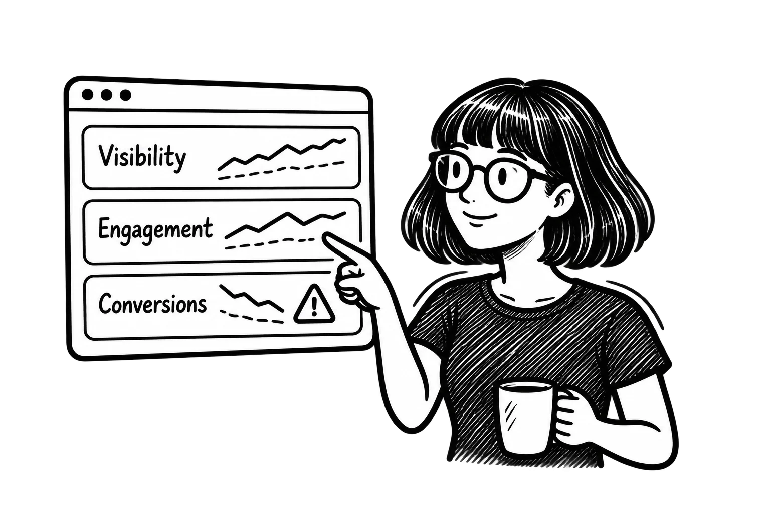 Zoe holding a coffee mug and pointing to a dashboard comparing website visibility, engagement, and conversions.