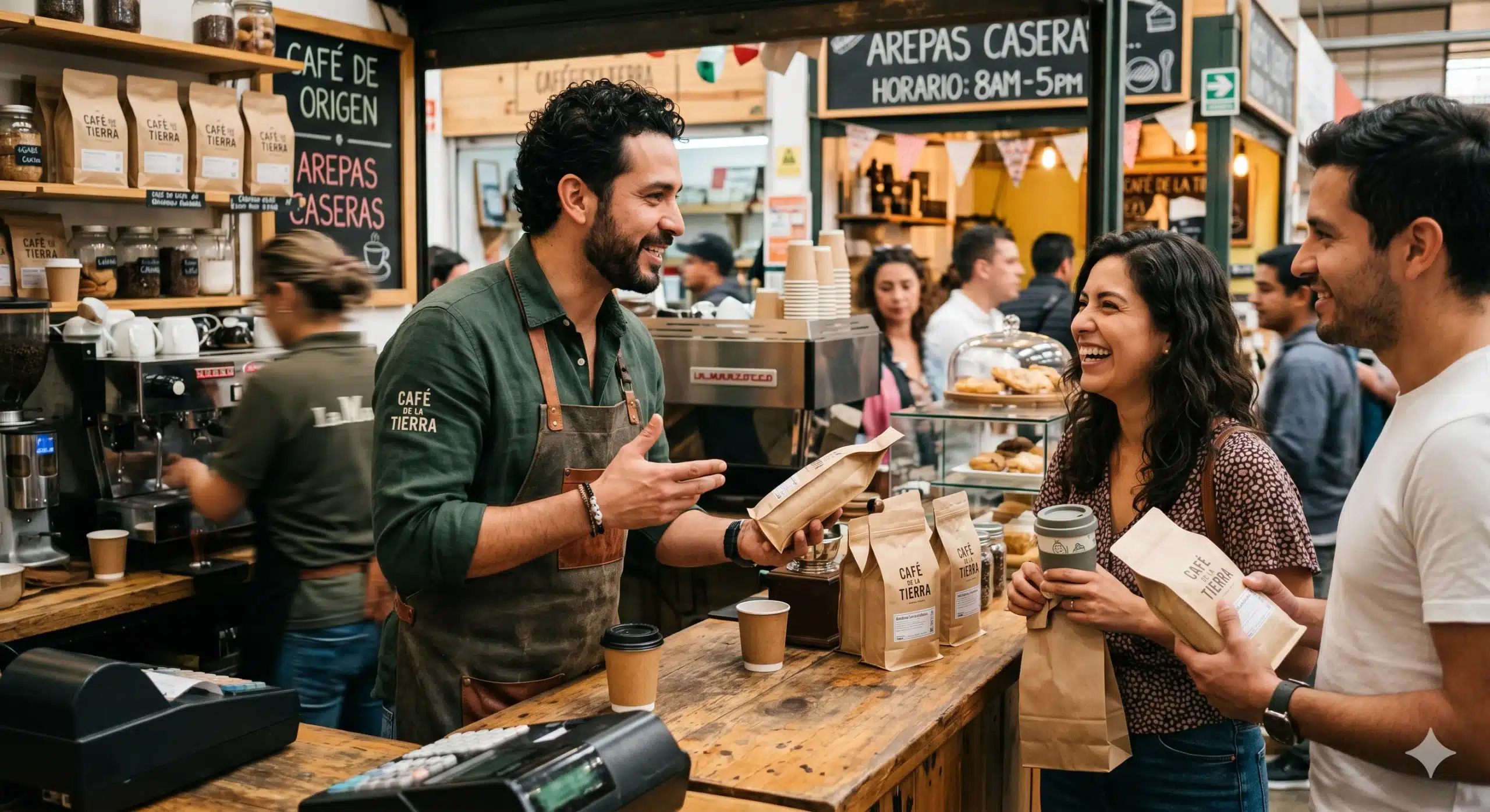 Como llegar a clientes hispanos de verdad Un empresario de café sonriente, con barba y un delantal de cuero sobre una camisa verde, sostiene una bolsa de café y gesticula mientras charla con una pareja de clientes que se ríen al otro lado de un mostrador de madera en un puesto de mercado concurrido.