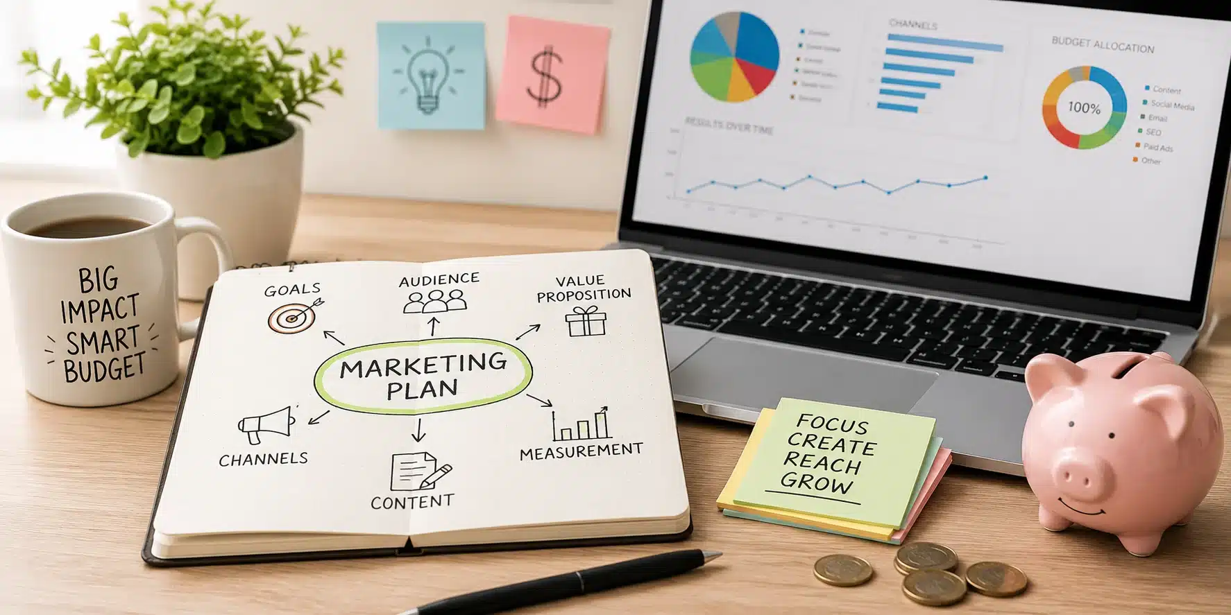 How to build a marketing plan with a limited budget A modern workspace featuring a notebook with a hand-drawn marketing planning framework, a laptop displaying marketing analytics charts, a piggy bank, sticky notes, and coffee on a clean wooden desk. The scene represents strategic marketing planning, budget allocation, content creation, audience targeting, and business growth with limited resources.