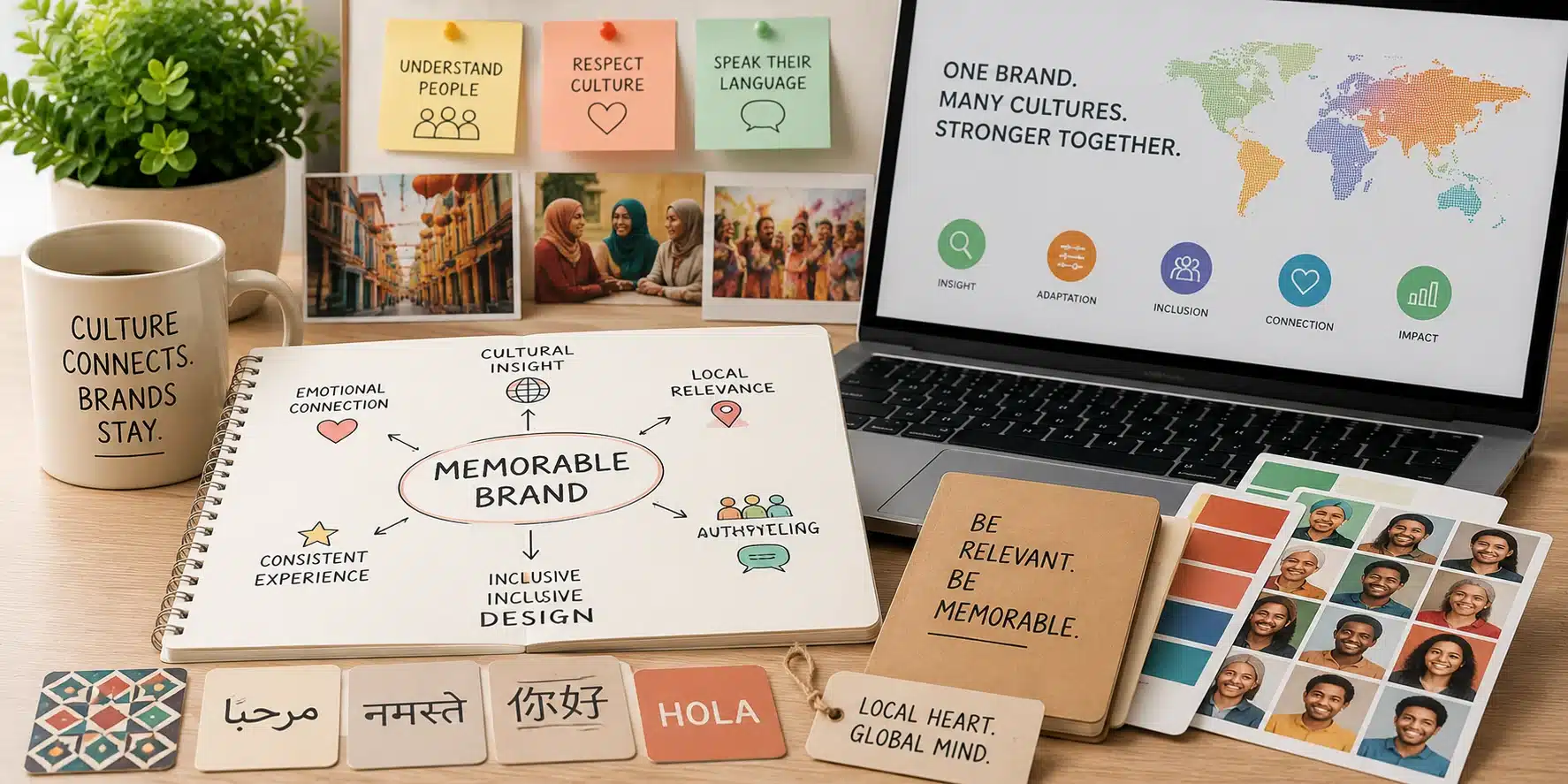 How to make a brand memorable in a multicultural market A modern branding workspace featuring a notebook with a multicultural brand strategy diagram, a laptop displaying a global branding presentation, color palettes, audience personas, and multilingual greeting cards. The scene represents building memorable brands through cultural understanding, inclusive design, authentic messaging, and meaningful connections across diverse audiences.