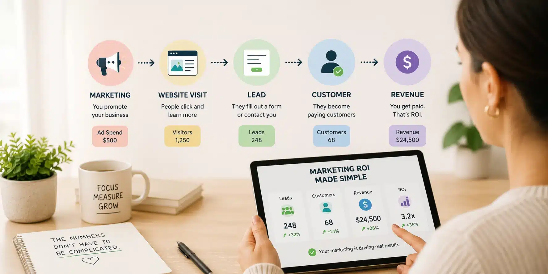 How to measure marketing ROI without being a data expert A business owner reviewing a simplified marketing ROI dashboard on a tablet while a visual marketing funnel illustrates the journey from marketing activities to website visits, leads, customers, and revenue. The clean workspace and easy-to-understand metrics emphasize measuring marketing performance and business results without advanced data expertise.