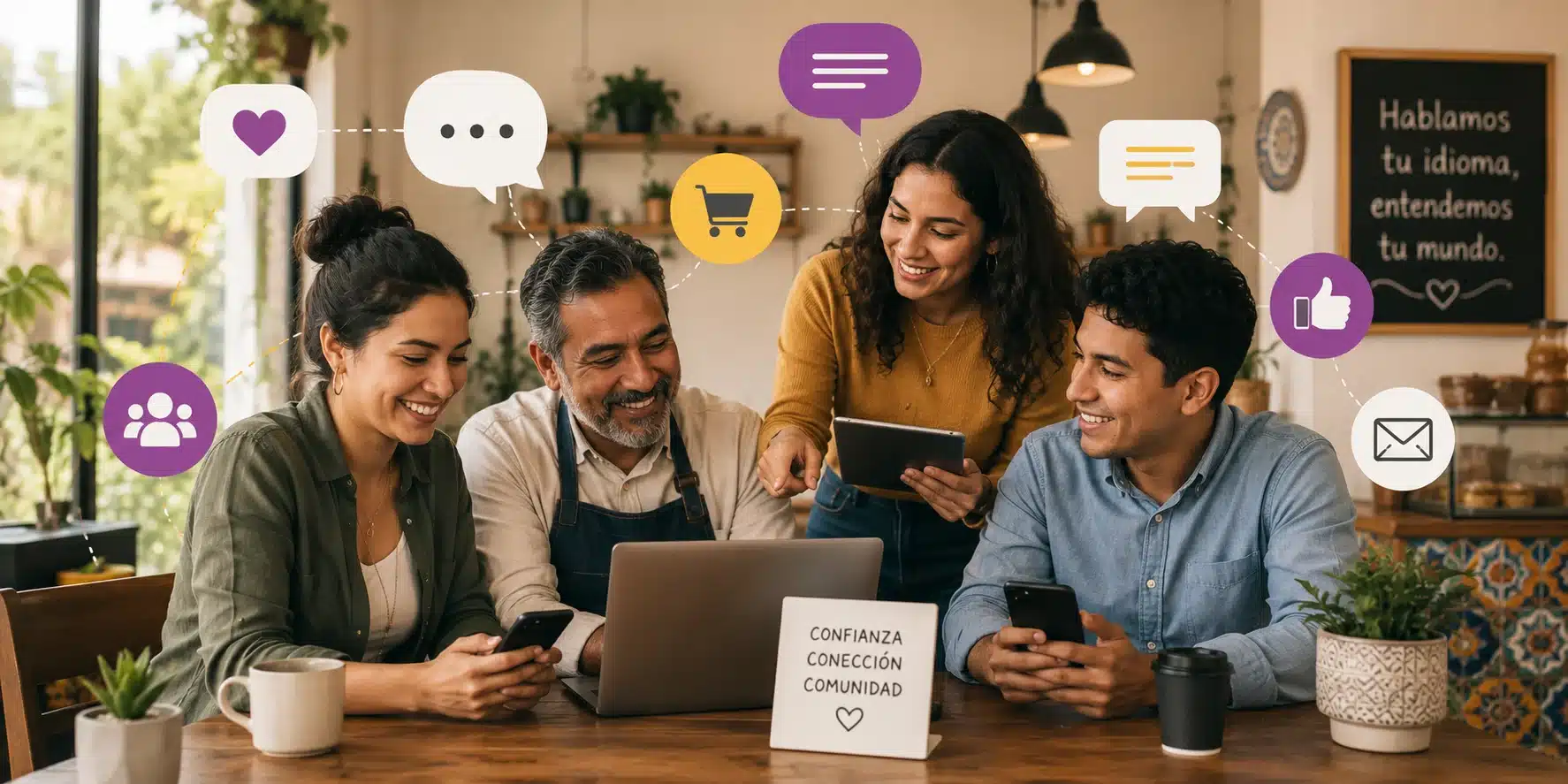 Marketing digital para negocios que sirven a clientes hispanos Hispanic business owners collaborating around digital devices while building customer relationships through culturally relevant marketing, trust, and community engagement.