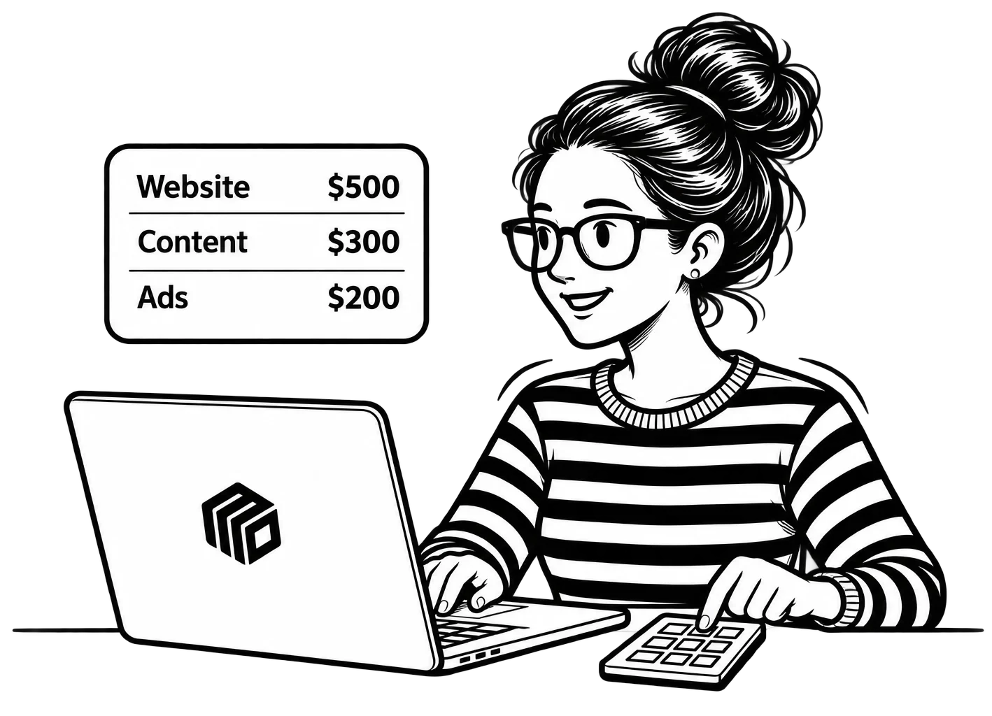 Patricia using a calculator beside a MoDuet laptop and a budget listing website, content, and advertising costs.