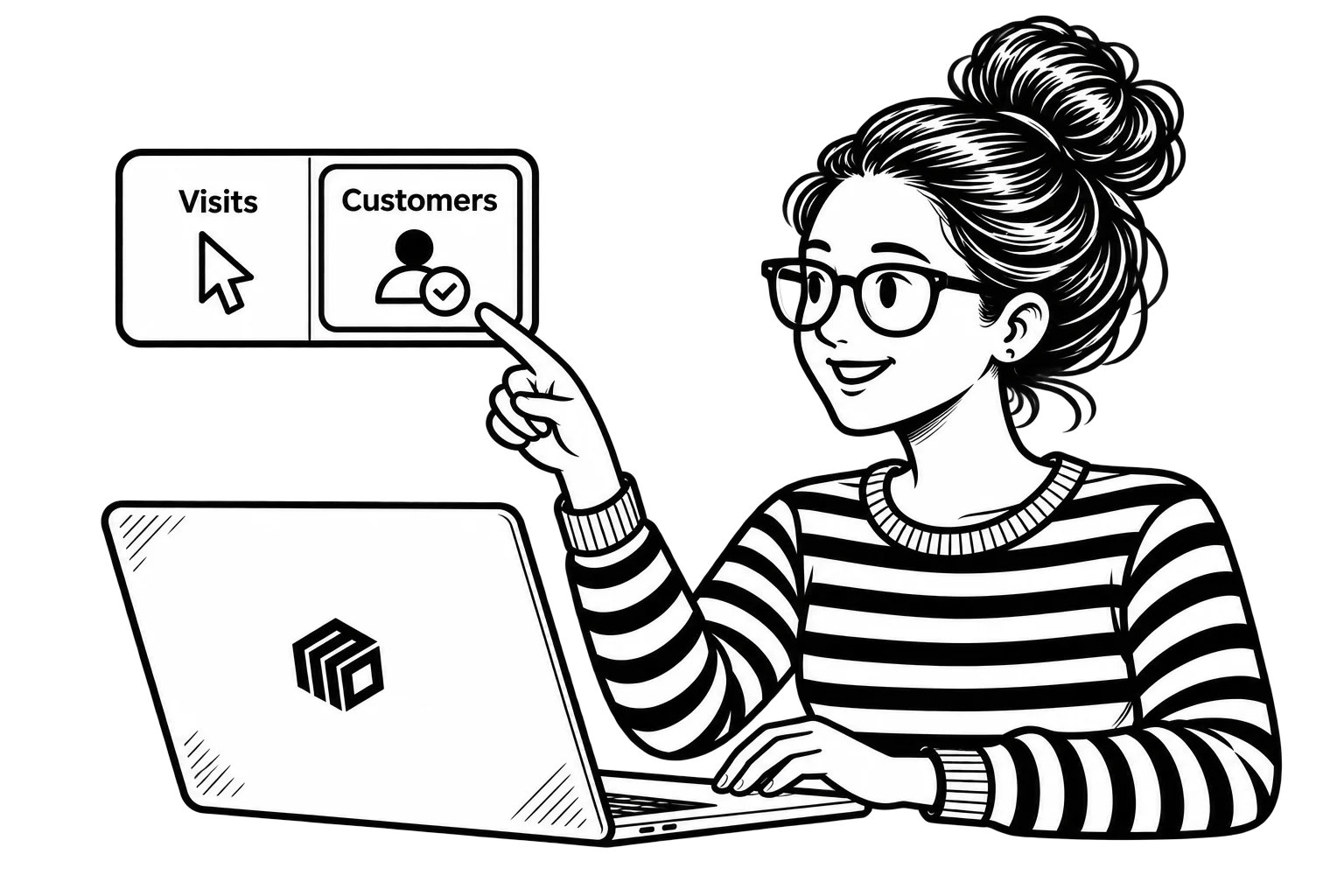 Patricia using a MoDuet laptop and pointing to “Customers” on a panel comparing website visits and customers.