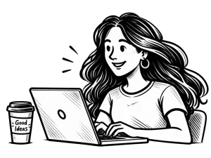 Black-and-white illustration of Victoria from MoDuet typing on a laptop with a ‘Good Ideas’ coffee cup.