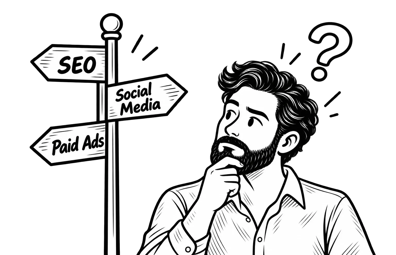 MoDuet illustration of Aaron choosing between SEO, social media, and paid advertising.