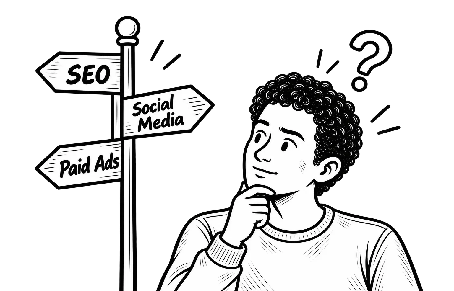 MoDuet illustration of Dominick choosing between SEO, social media, and paid advertising.