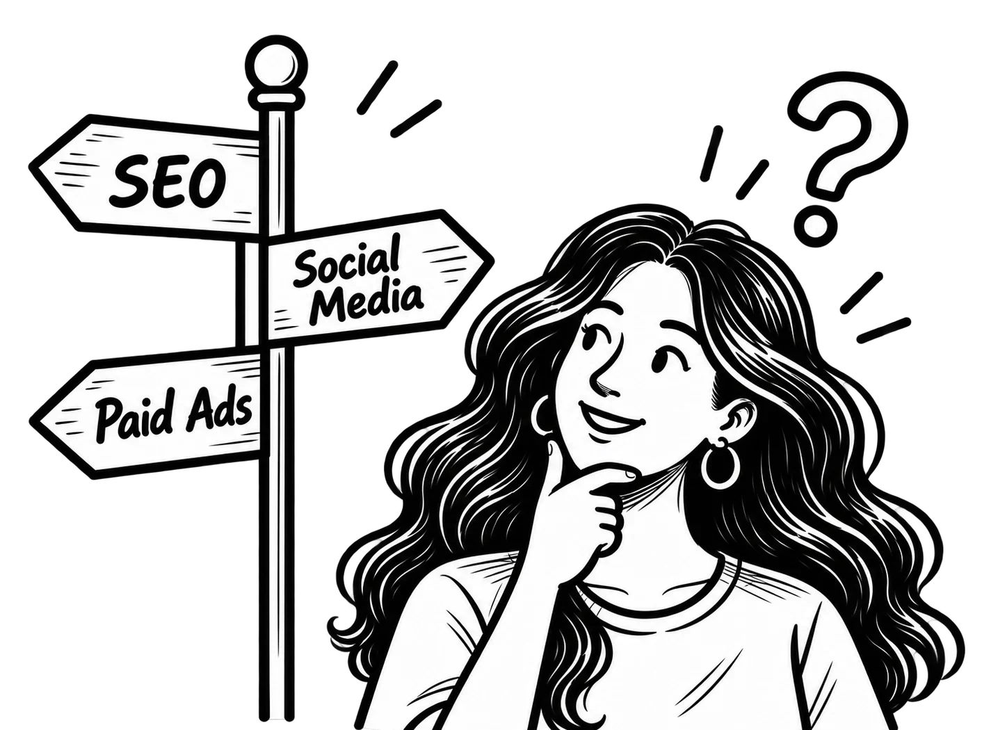 MoDuet illustration of Victoria choosing between SEO, social media, and paid advertising.