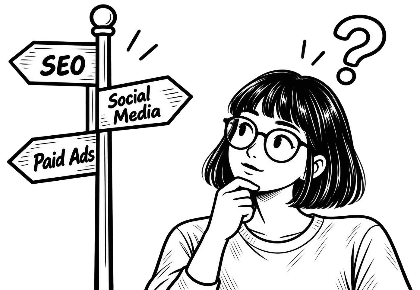zoe-marketing-next-step MoDuet illustration of Zoe choosing between SEO, social media, and paid advertising.