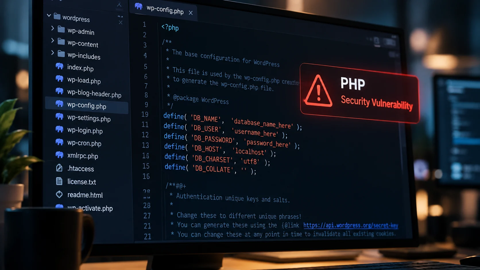 Computer monitor displaying PHP code and a critical security vulnerability warning.