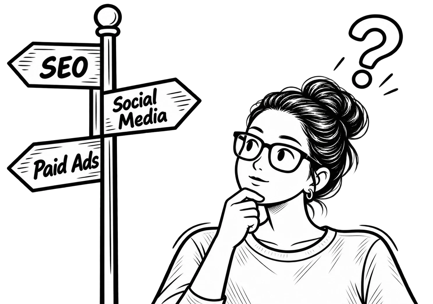 patricia-marketing-next-step MoDuet illustration of Patricia choosing between SEO, social media, and paid advertising.
