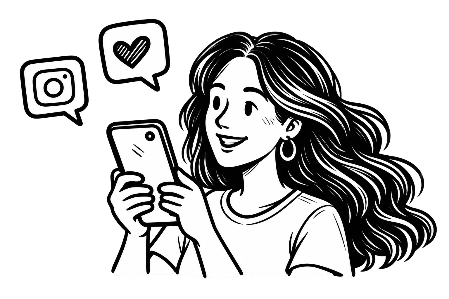 Black-and-white illustration of Victoria using her smartphone, with heart and social media icons beside her.
